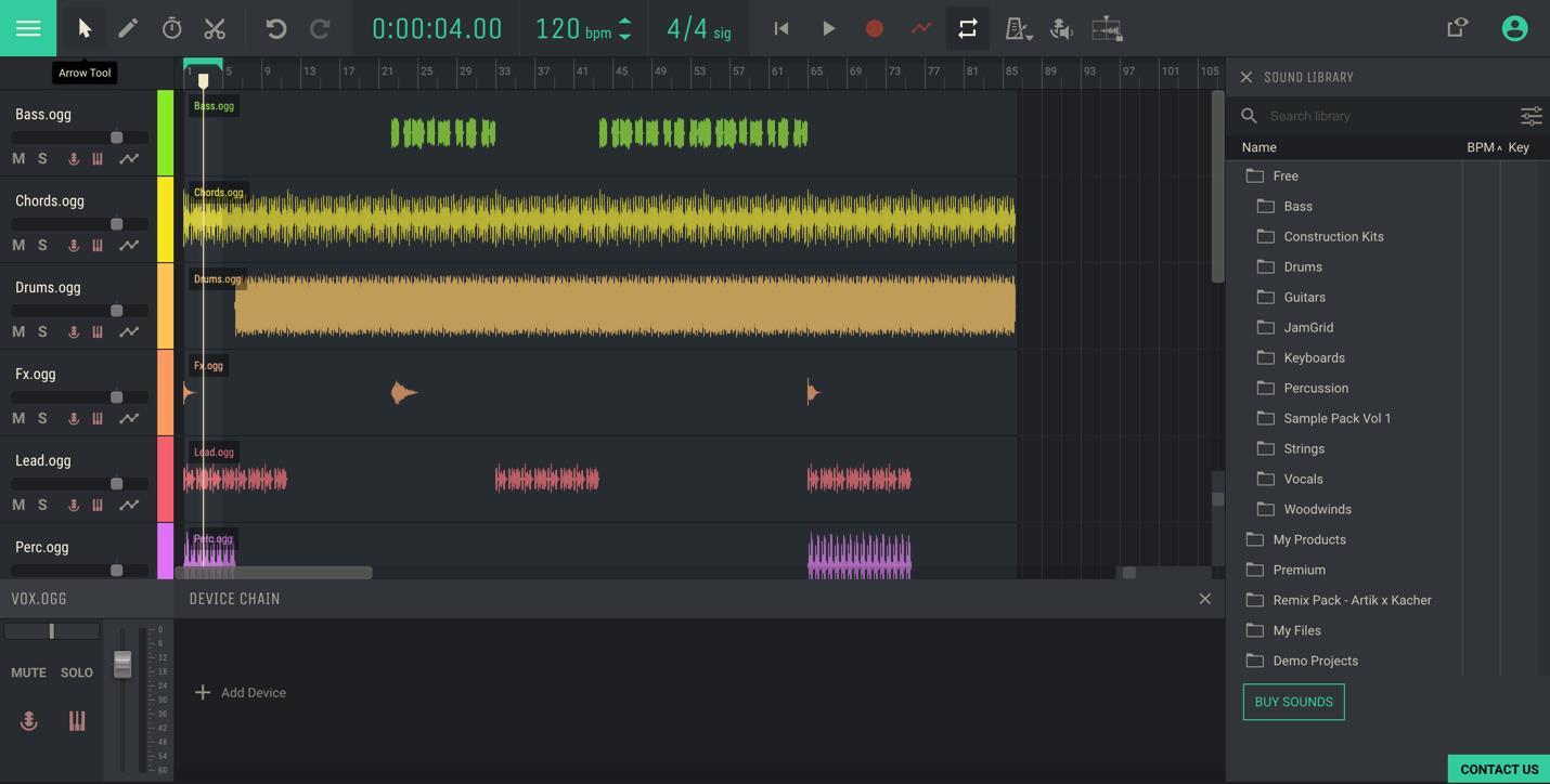 Amped Studio with stems in the arrangement