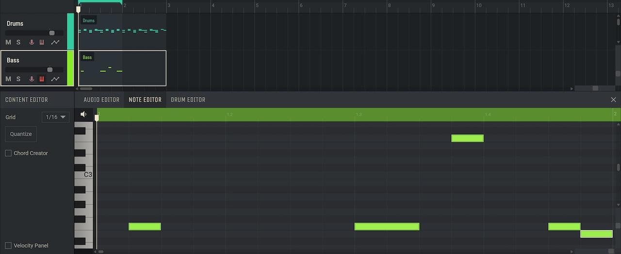 Baspatroon in Note Editor met gesyncopeerde hits, in balans met grondnoten en een chromatische stap aan het einde van de lus.
