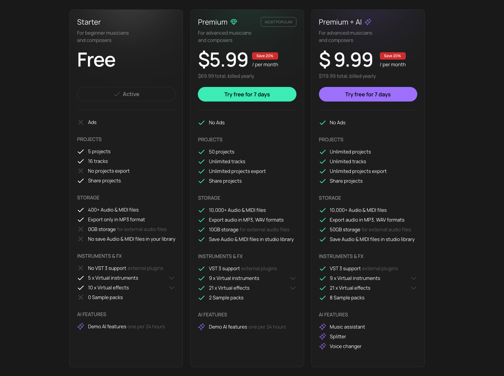 Porovnání prémiových funkcí Amped Studio 