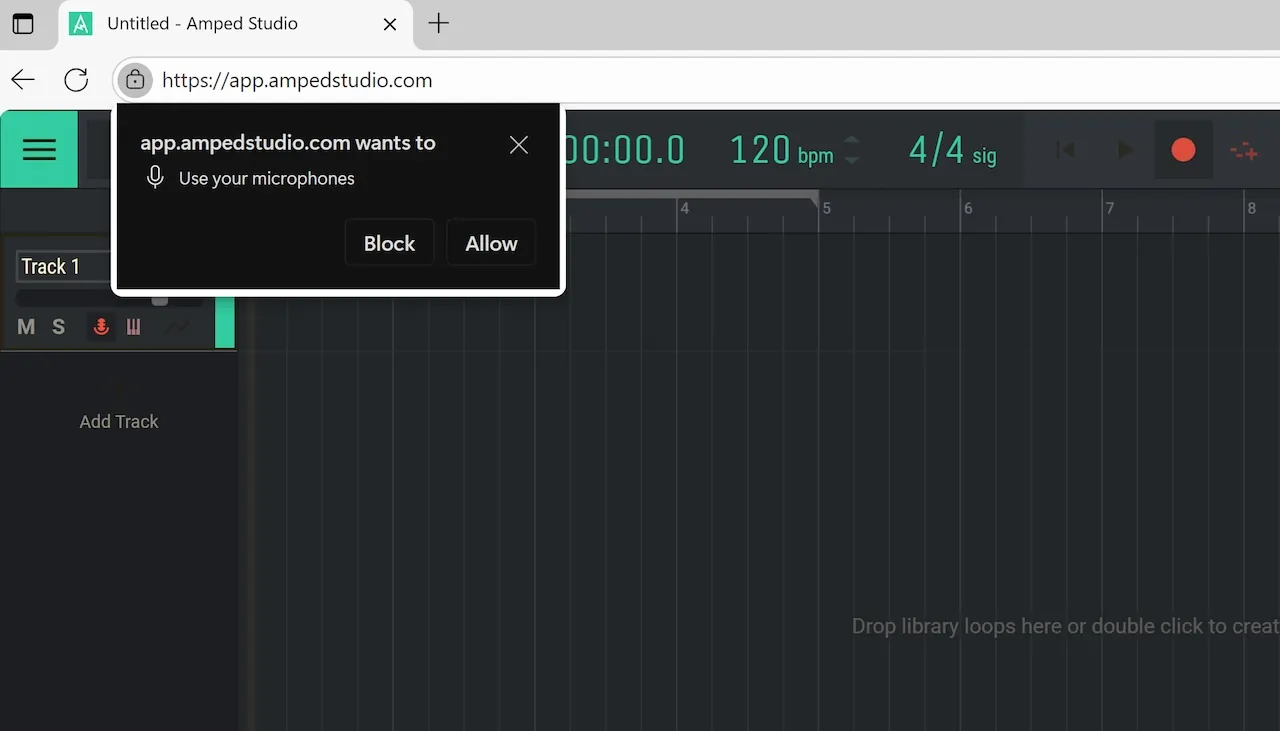 مربع حوار المتصفح يطلب إذن الوصول إلى الميكروفون لتسجيل الصوت في Amped Studio 