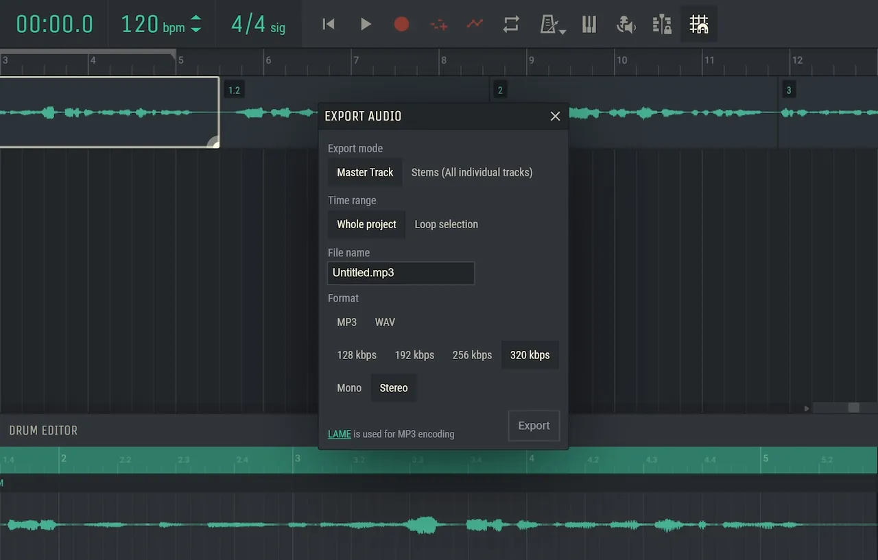 مربع حوار تصدير Amped Studio مع خيارات تنسيق MP3 وWAV